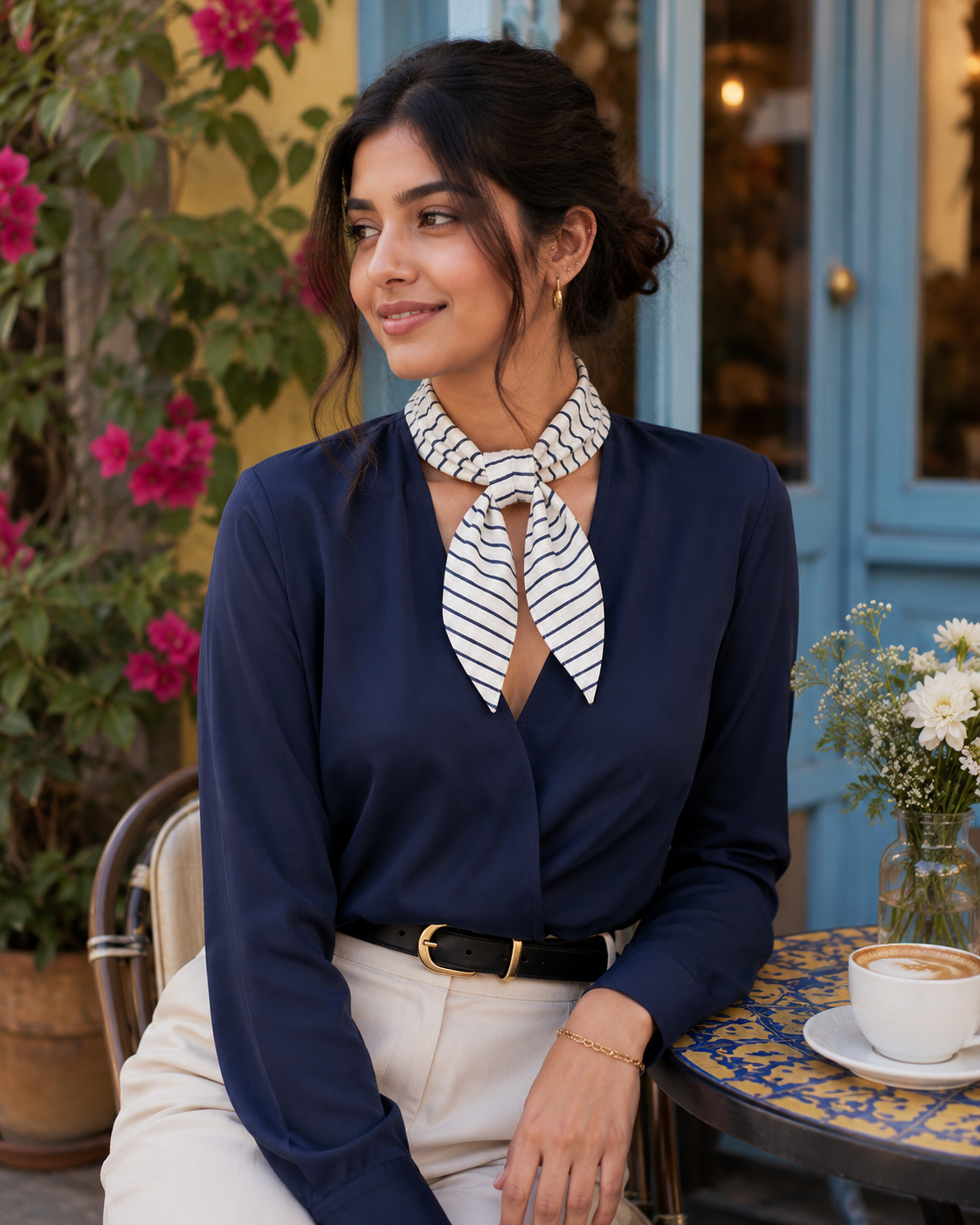 Georgette Scarf Off-White | Striped Neck Scarf
