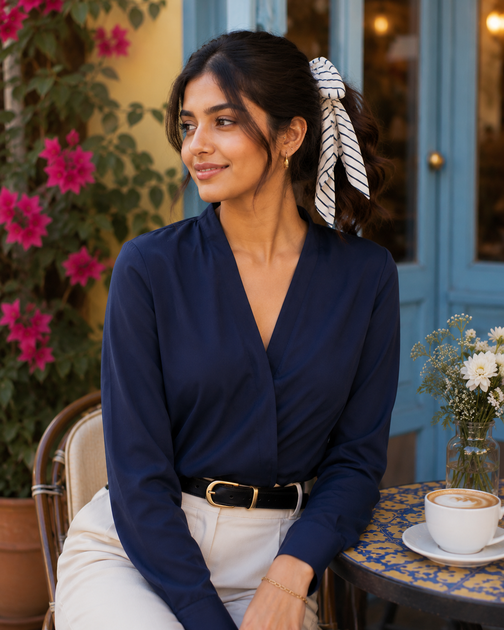Georgette Scarf Off-White | Striped Neck Scarf