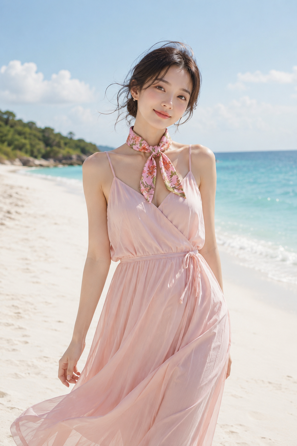 Woman on a beach wearing a floral AALSO scarf